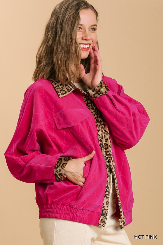 U8 Umgee Hot Pink Velvet Jacket with Leopard Trim