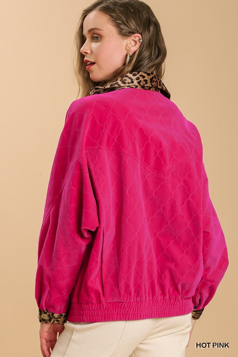 U8 Umgee Hot Pink Velvet Jacket with Leopard Trim