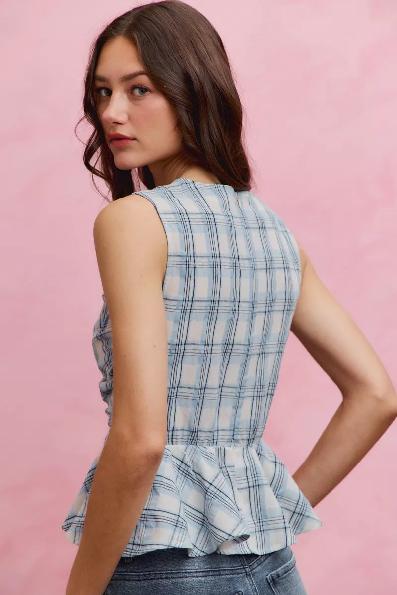 Blue Plaid Sleeveless Ruffle Peplum Top by So Me