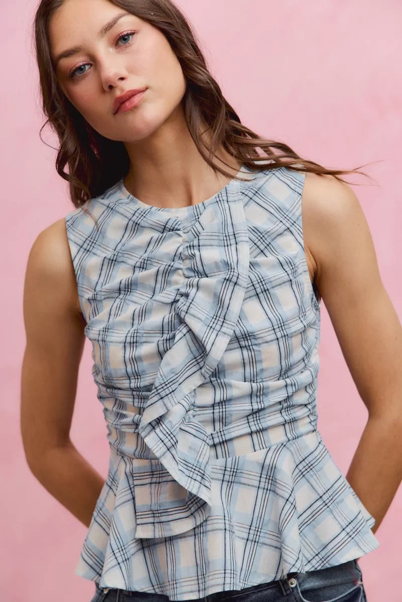 Blue Plaid Sleeveless Ruffle Peplum Top by So Me