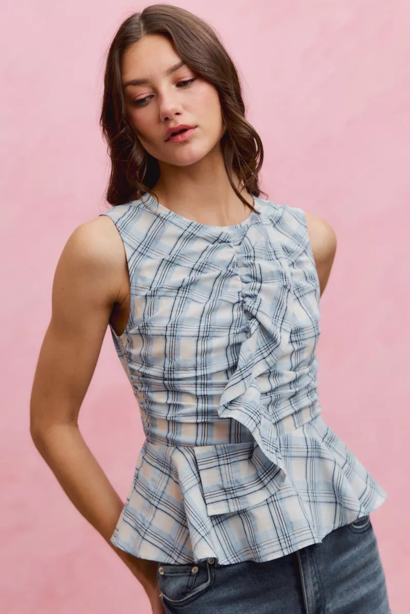 Blue Plaid Sleeveless Ruffle Peplum Top by So Me