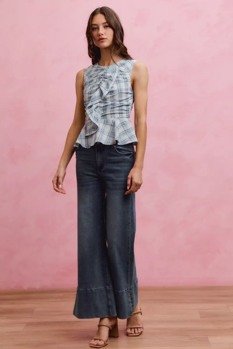 Blue Plaid Sleeveless Ruffle Peplum Top by So Me