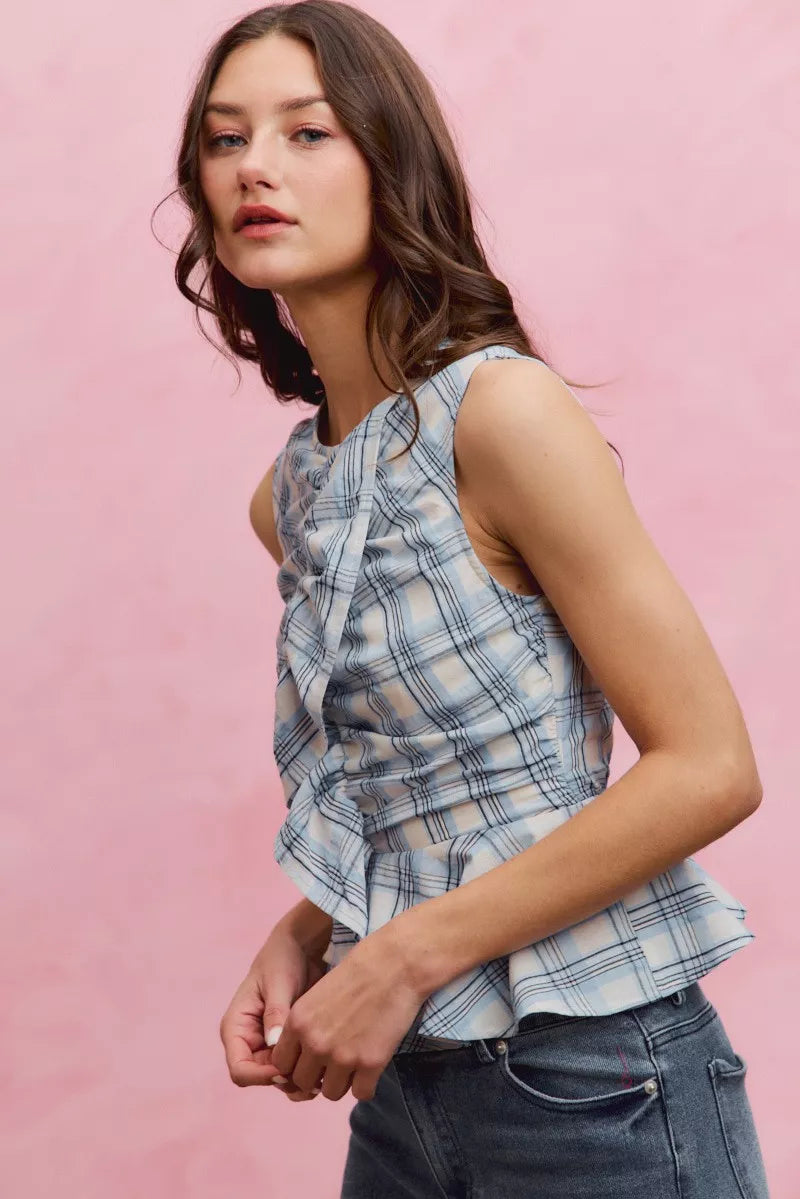 Blue Plaid Sleeveless Ruffle Peplum Top by So Me