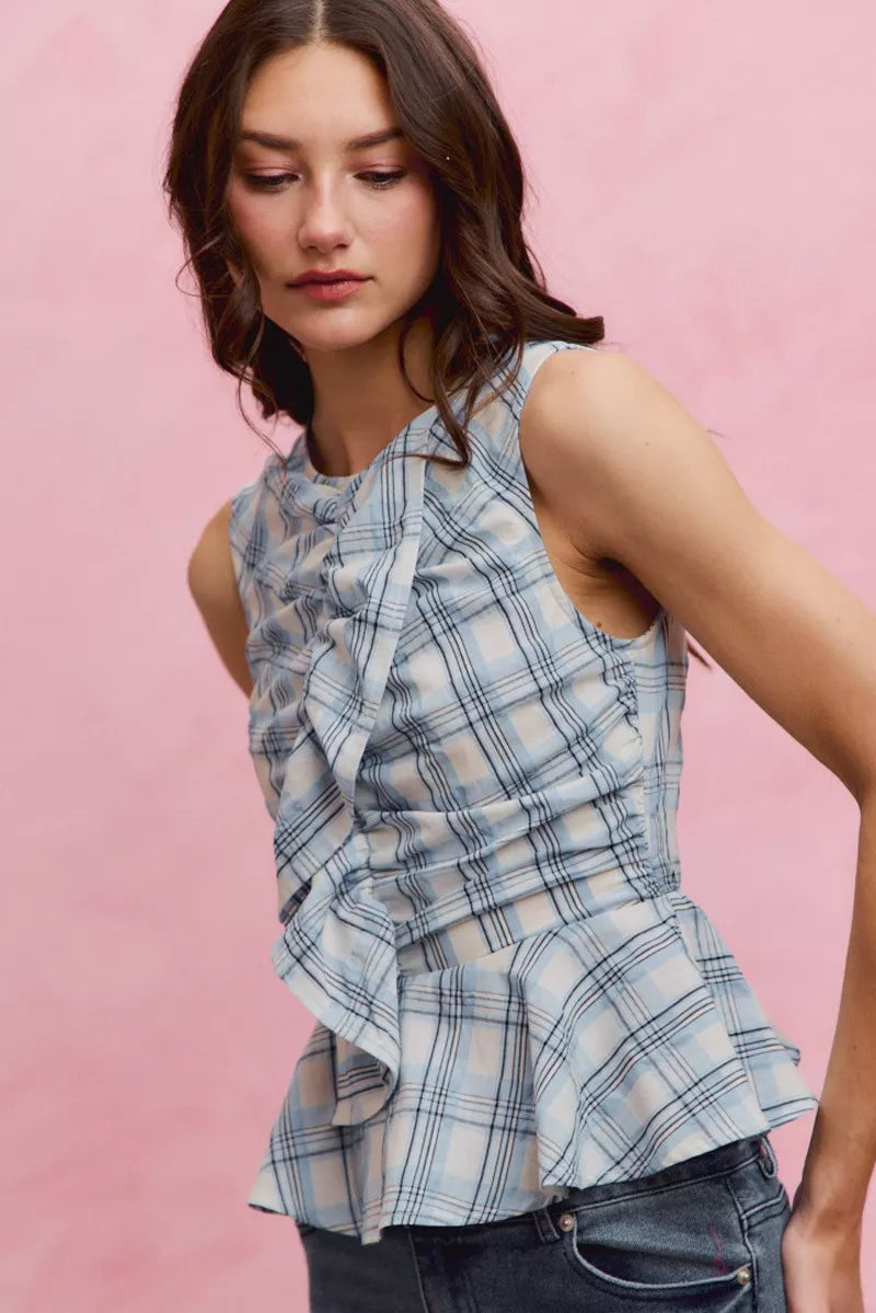 Blue Plaid Sleeveless Ruffle Peplum Top by So Me