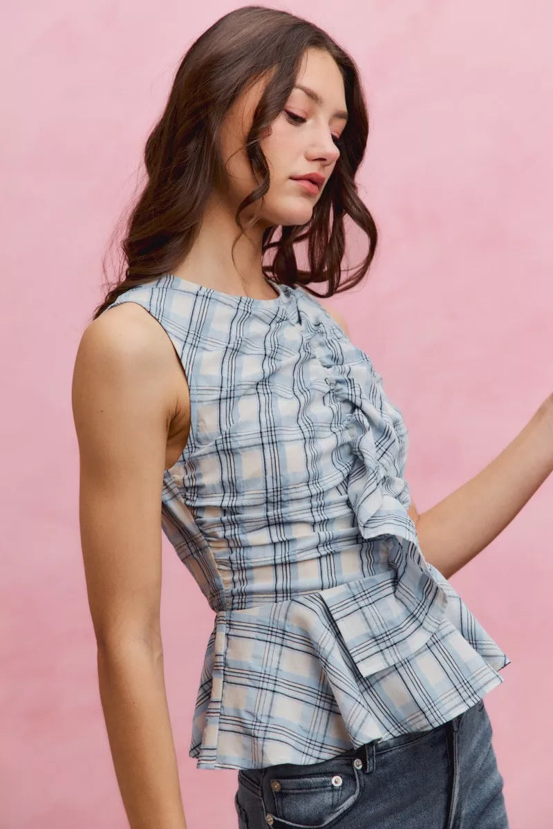 Blue Plaid Sleeveless Ruffle Peplum Top by So Me