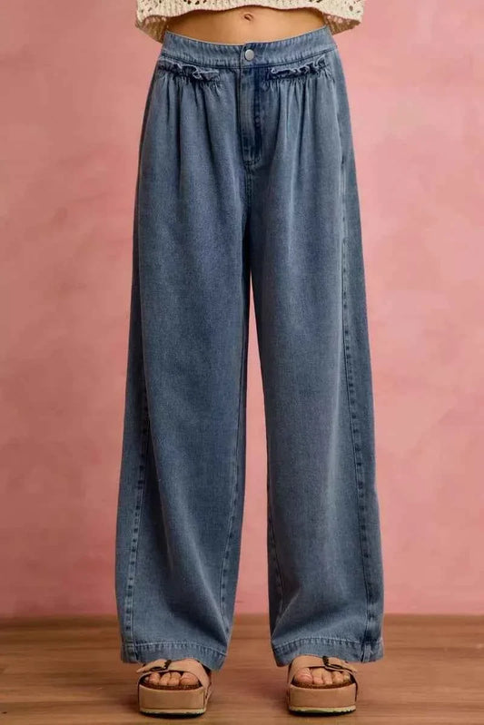 Mid Rise Ruffled Front Elastic Wide Leg Jeans by So Me