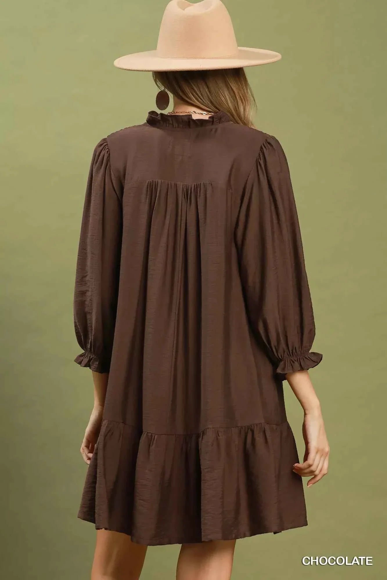 Chocolate Brown Smocked Ruffle Mini Dress with Pockets by Umgee
