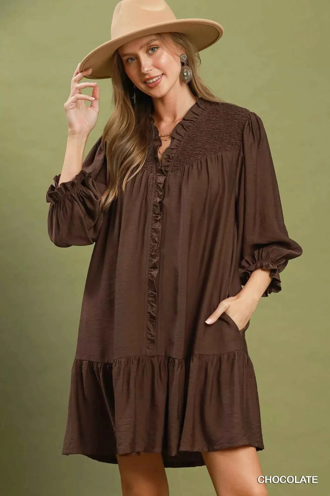 Chocolate Brown Smocked Ruffle Mini Dress with Pockets by Umgee