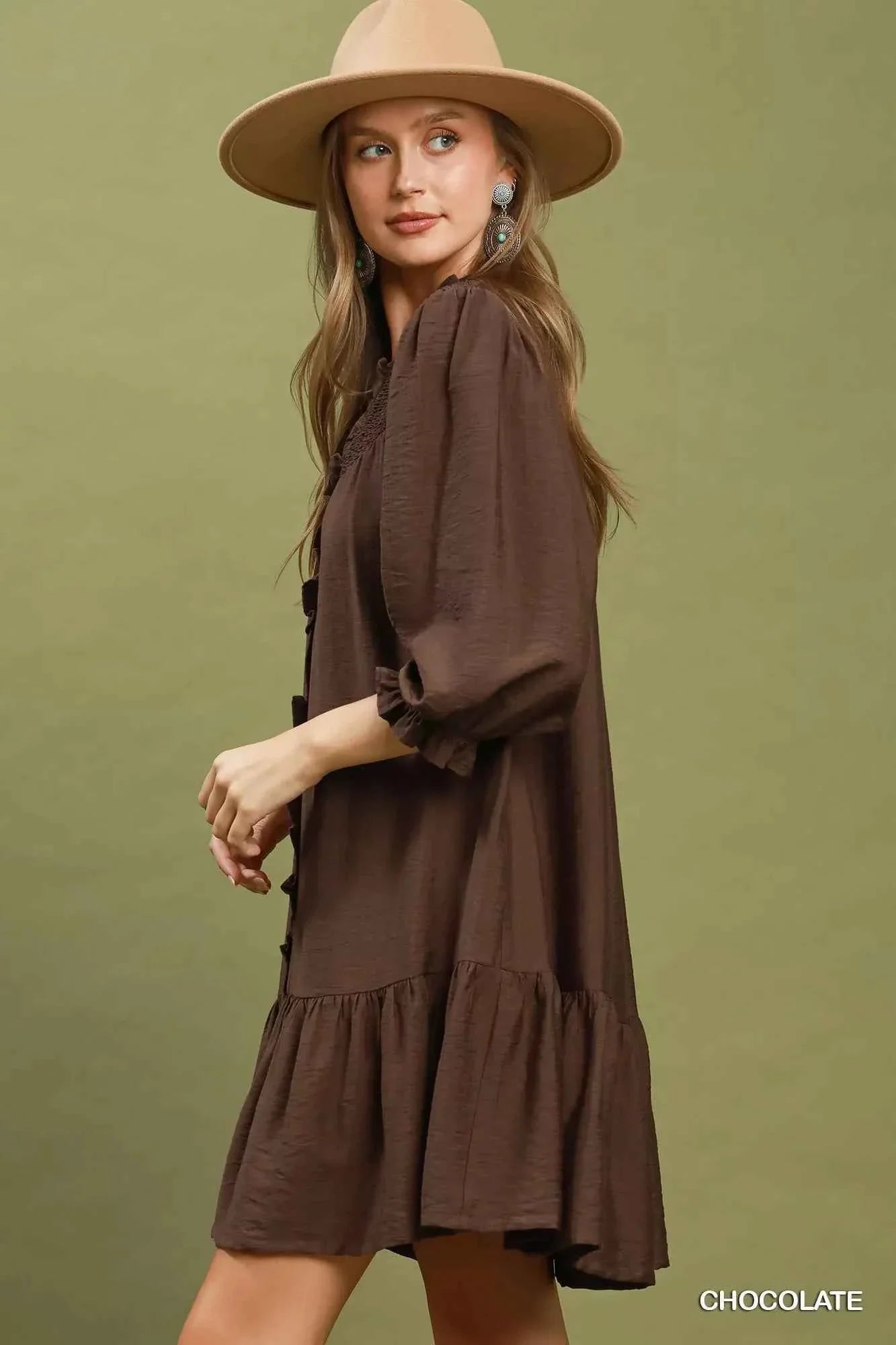 Chocolate Brown Smocked Ruffle Mini Dress with Pockets by Umgee
