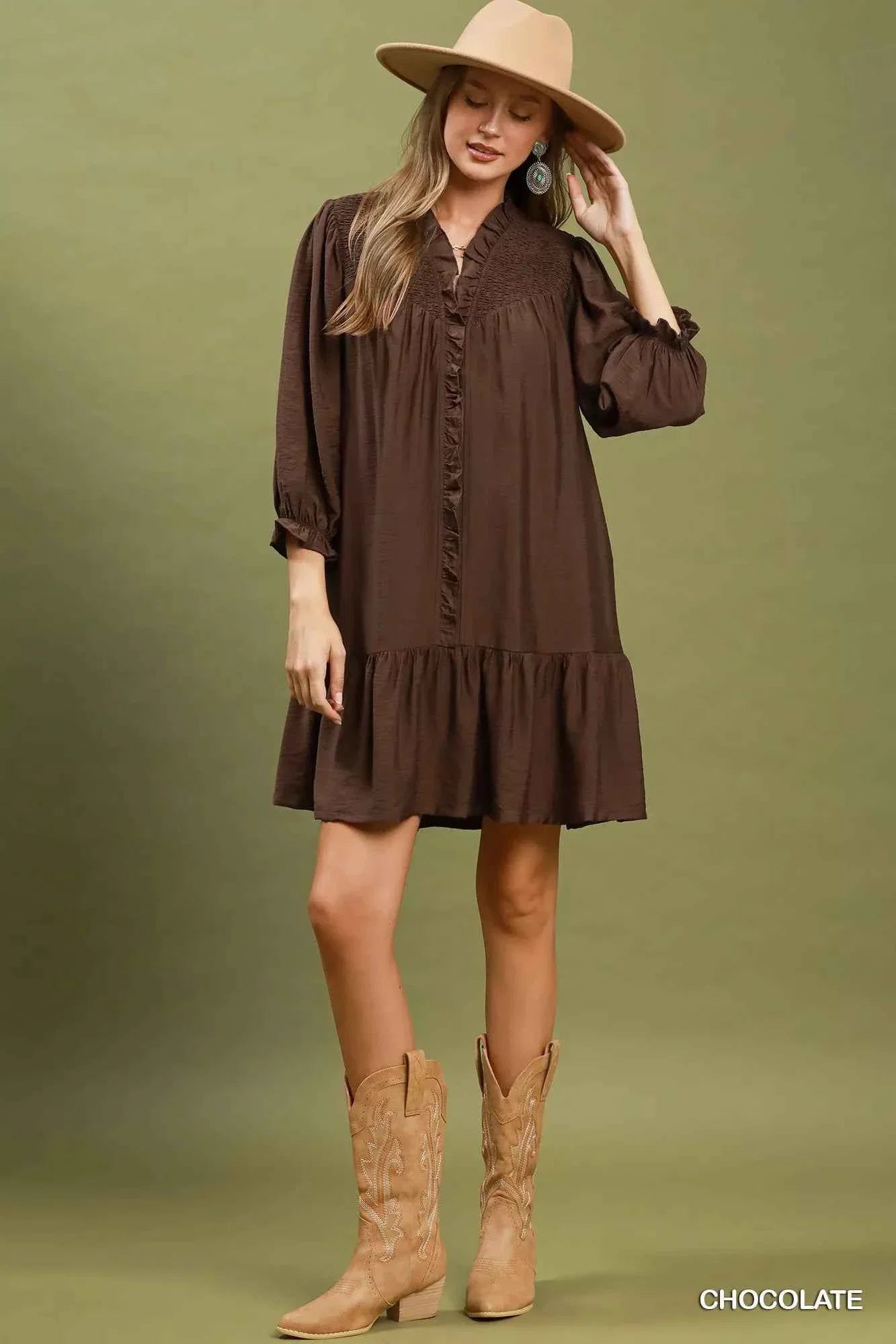 Chocolate Brown Smocked Ruffle Mini Dress with Pockets by Umgee