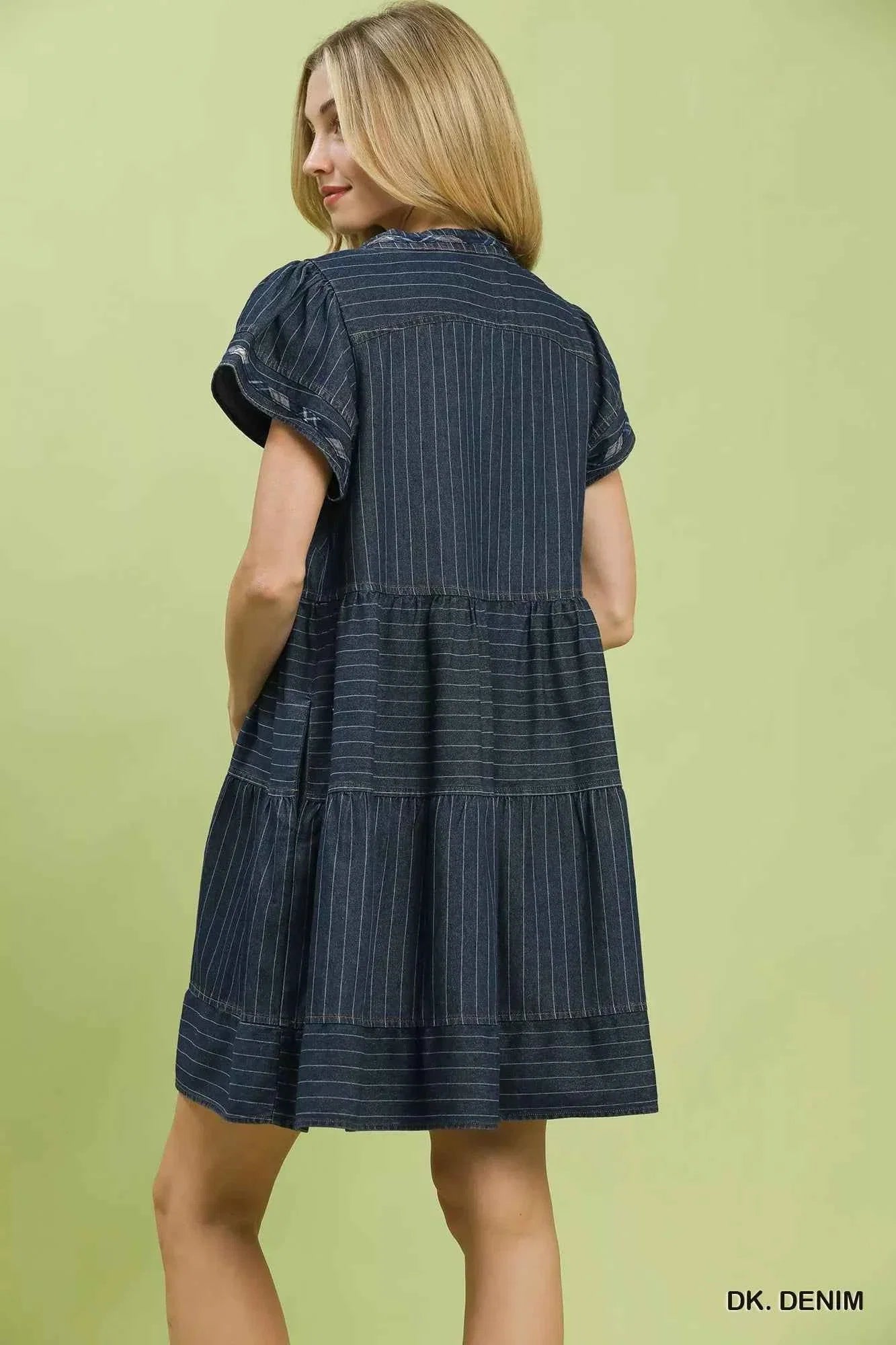 Dark Denim Pinstripe Chambray Tiered Babydoll Dress w/ Pockets by Umgee
