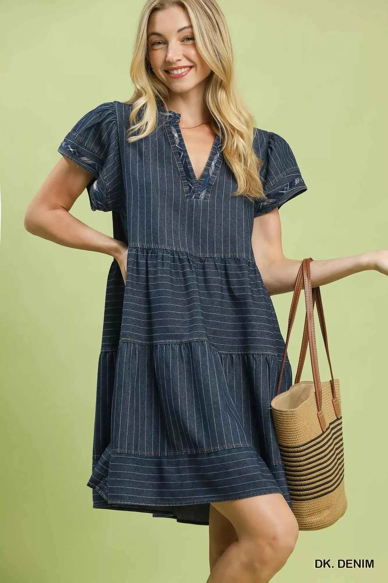 Dark Denim Pinstripe Chambray Tiered Babydoll Dress w/ Pockets by Umgee