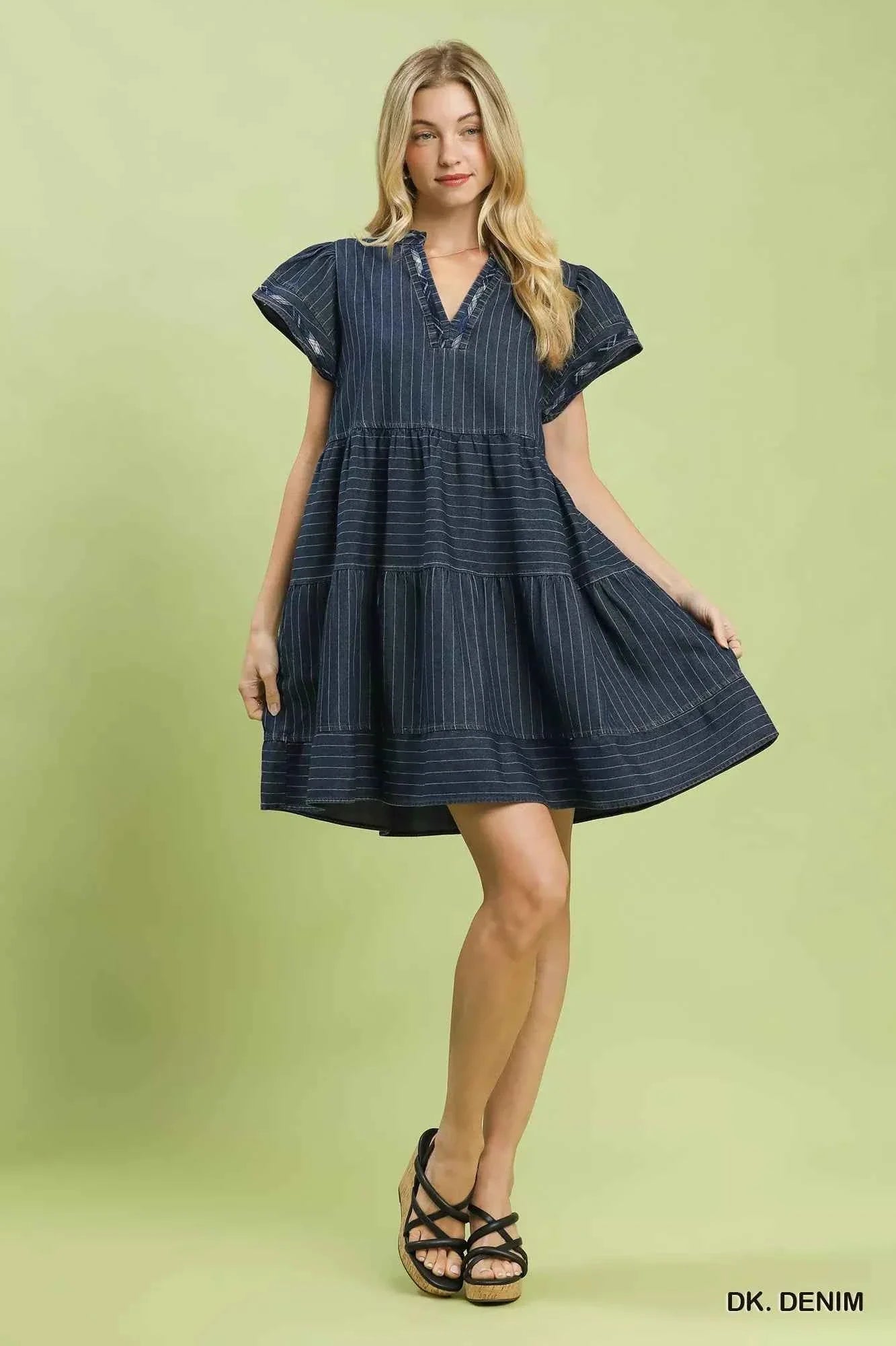 Dark Denim Pinstripe Chambray Tiered Babydoll Dress w/ Pockets by Umgee