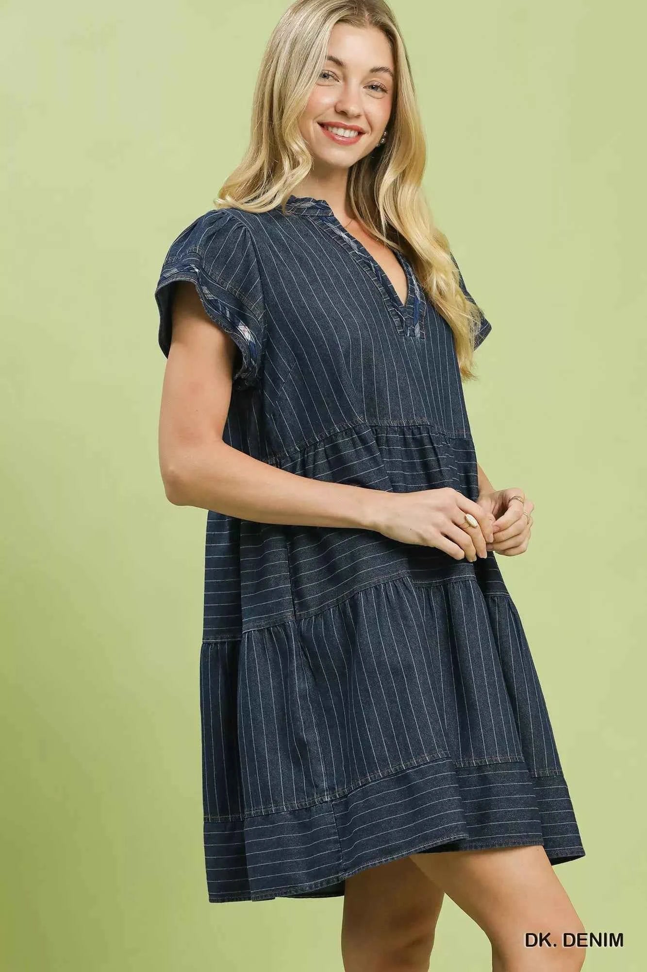 Dark Denim Pinstripe Chambray Tiered Babydoll Dress w/ Pockets by Umgee