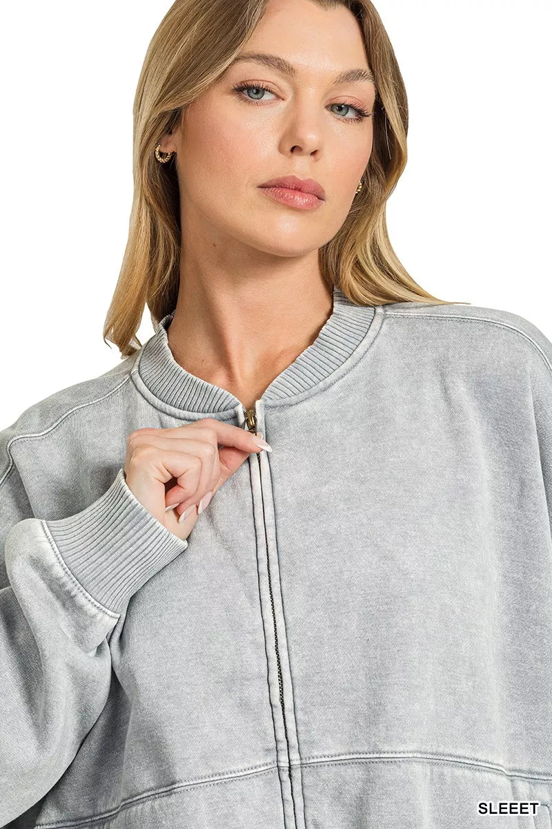 Sleet Acid Wash Fleece Bomber Jacket by Zenana