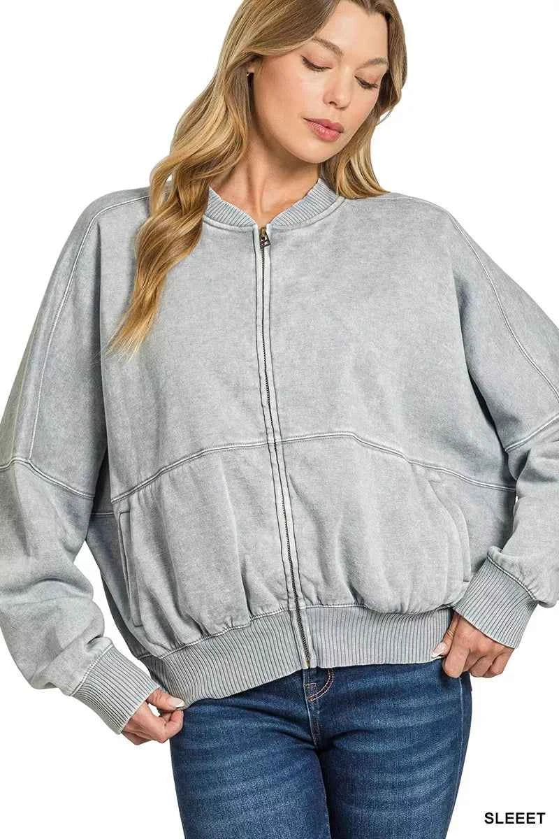Sleet Acid Wash Fleece Bomber Jacket by Zenana