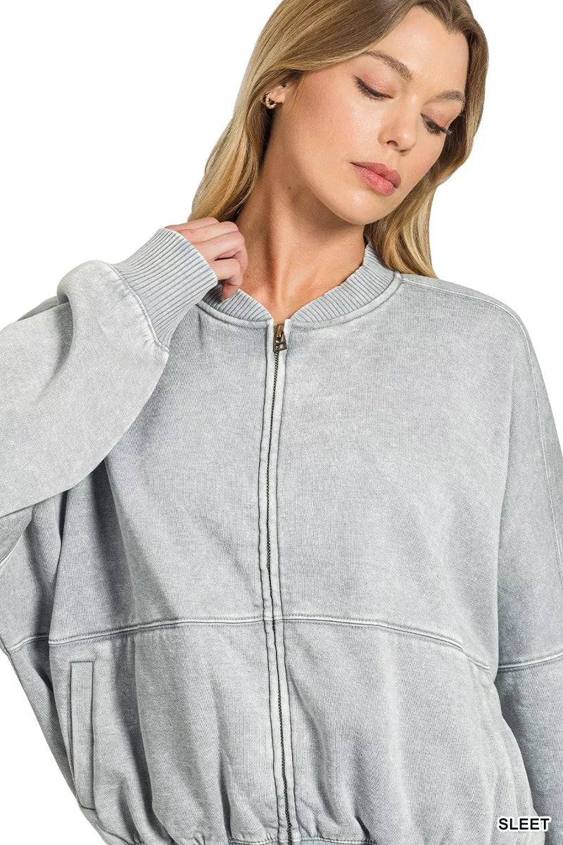 Sleet Acid Wash Fleece Bomber Jacket by Zenana