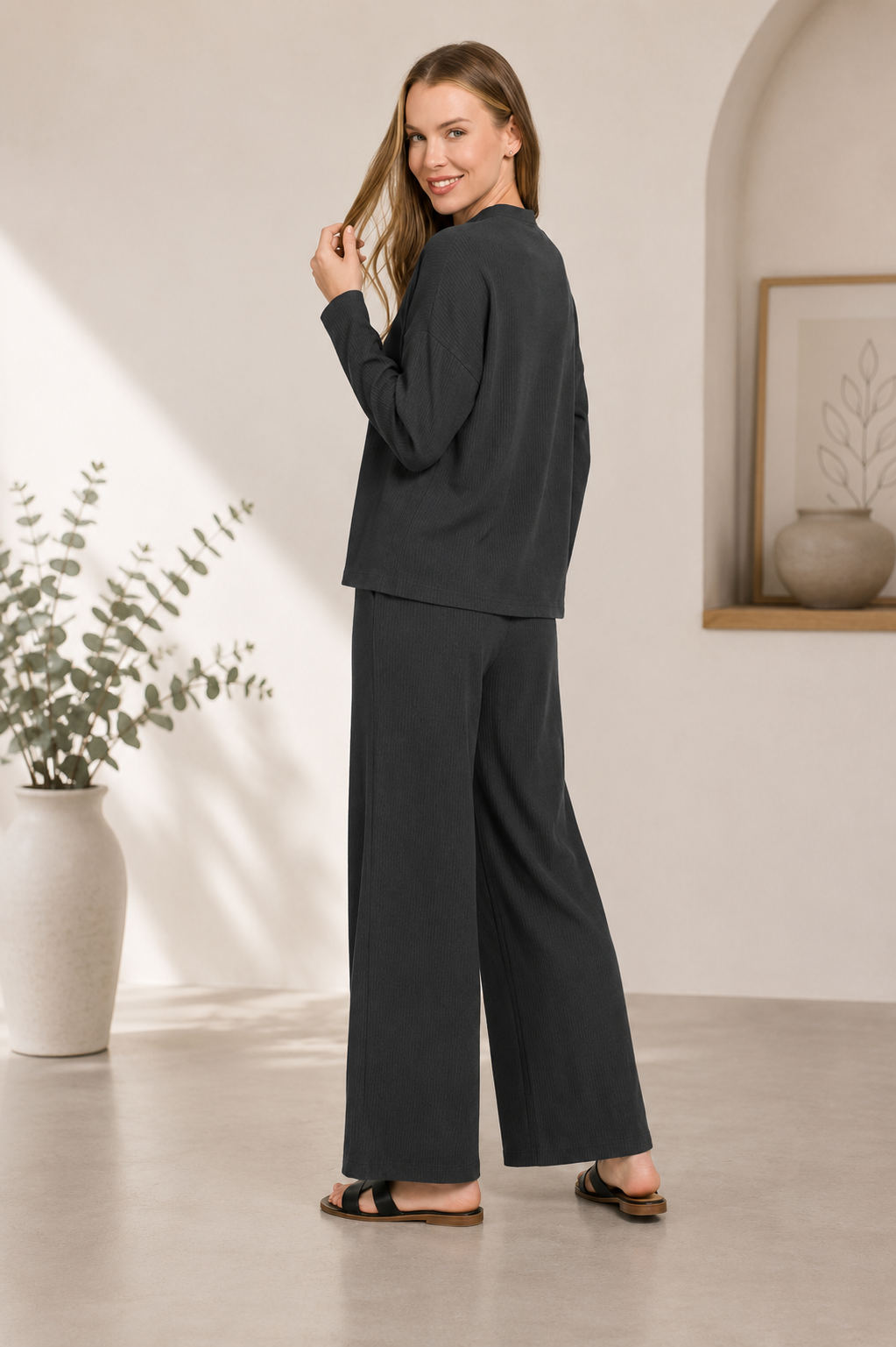 Black Ribbed Viscose Sweater & Wide Leg Pant Set by Zenana