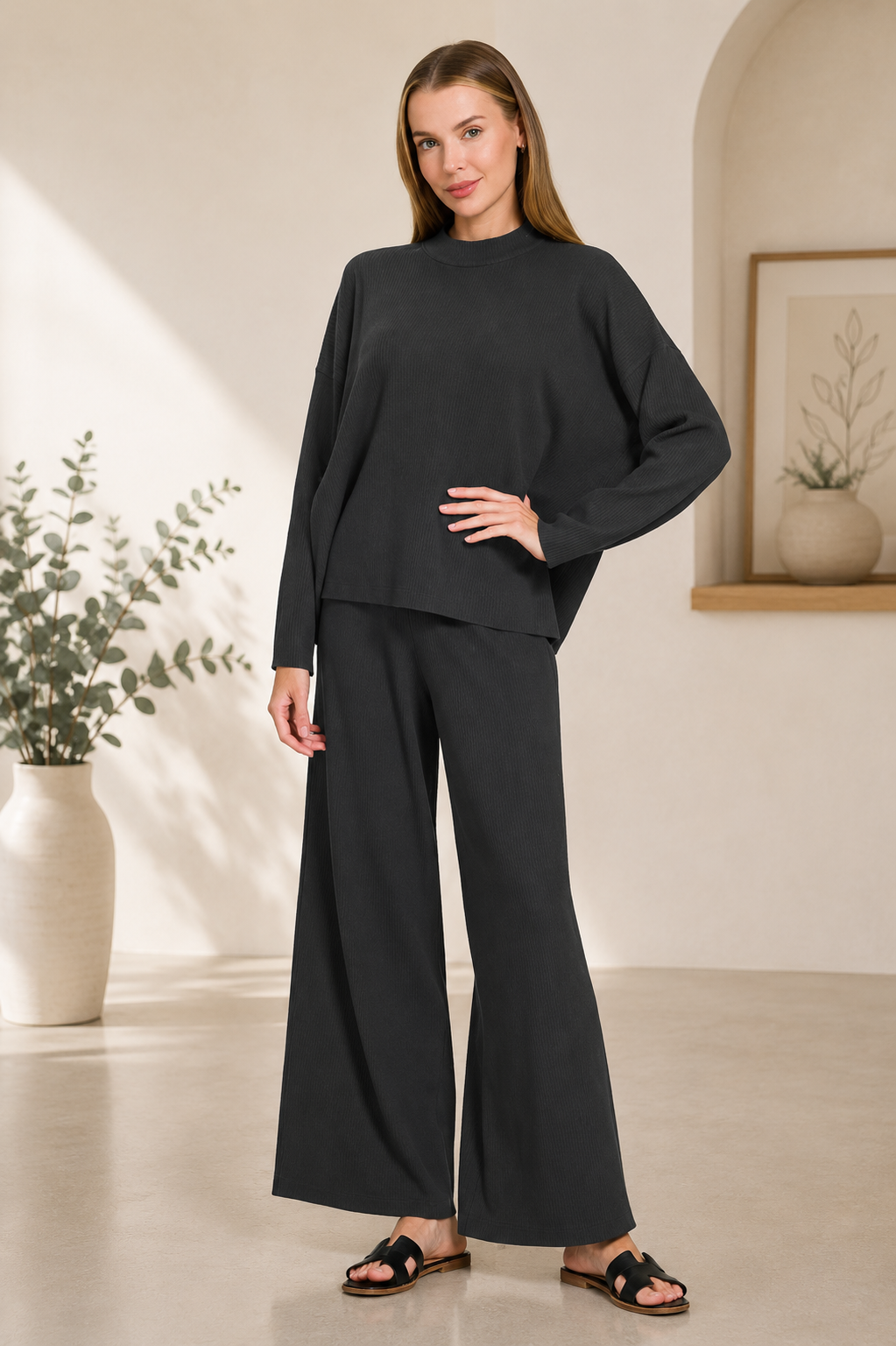 Black Ribbed Viscose Sweater & Wide Leg Pant Set by Zenana