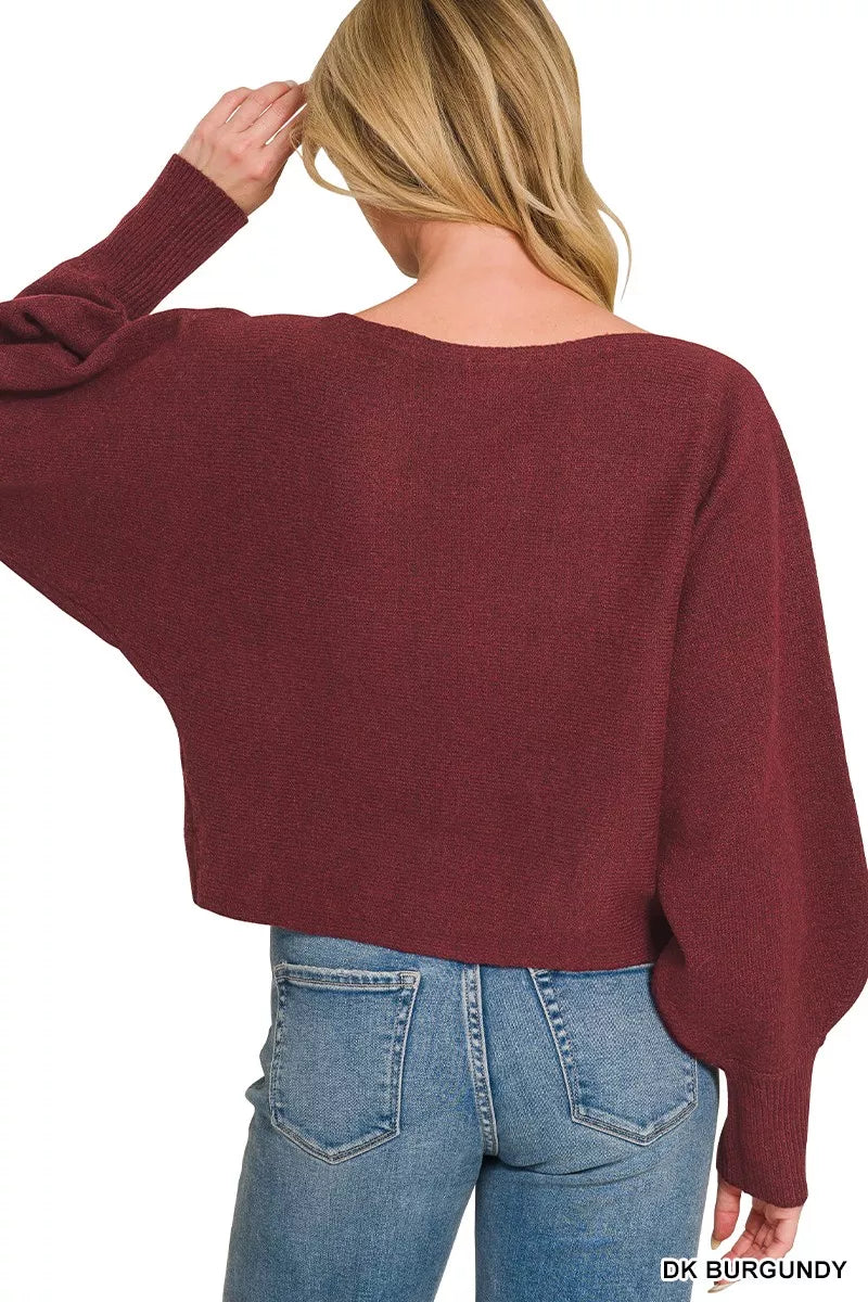 Dark Burgundy Boat Neck Balloon Sleeve Sweater by Zenana