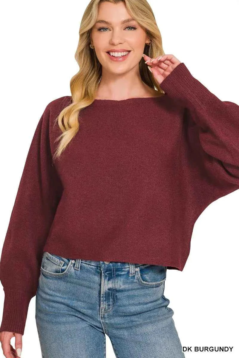 Dark Burgundy Boat Neck Balloon Sleeve Sweater by Zenana