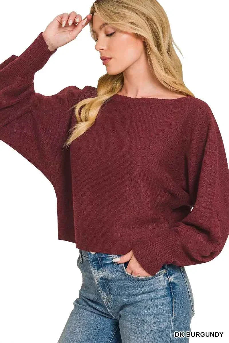 Dark Burgundy Boat Neck Balloon Sleeve Sweater by Zenana