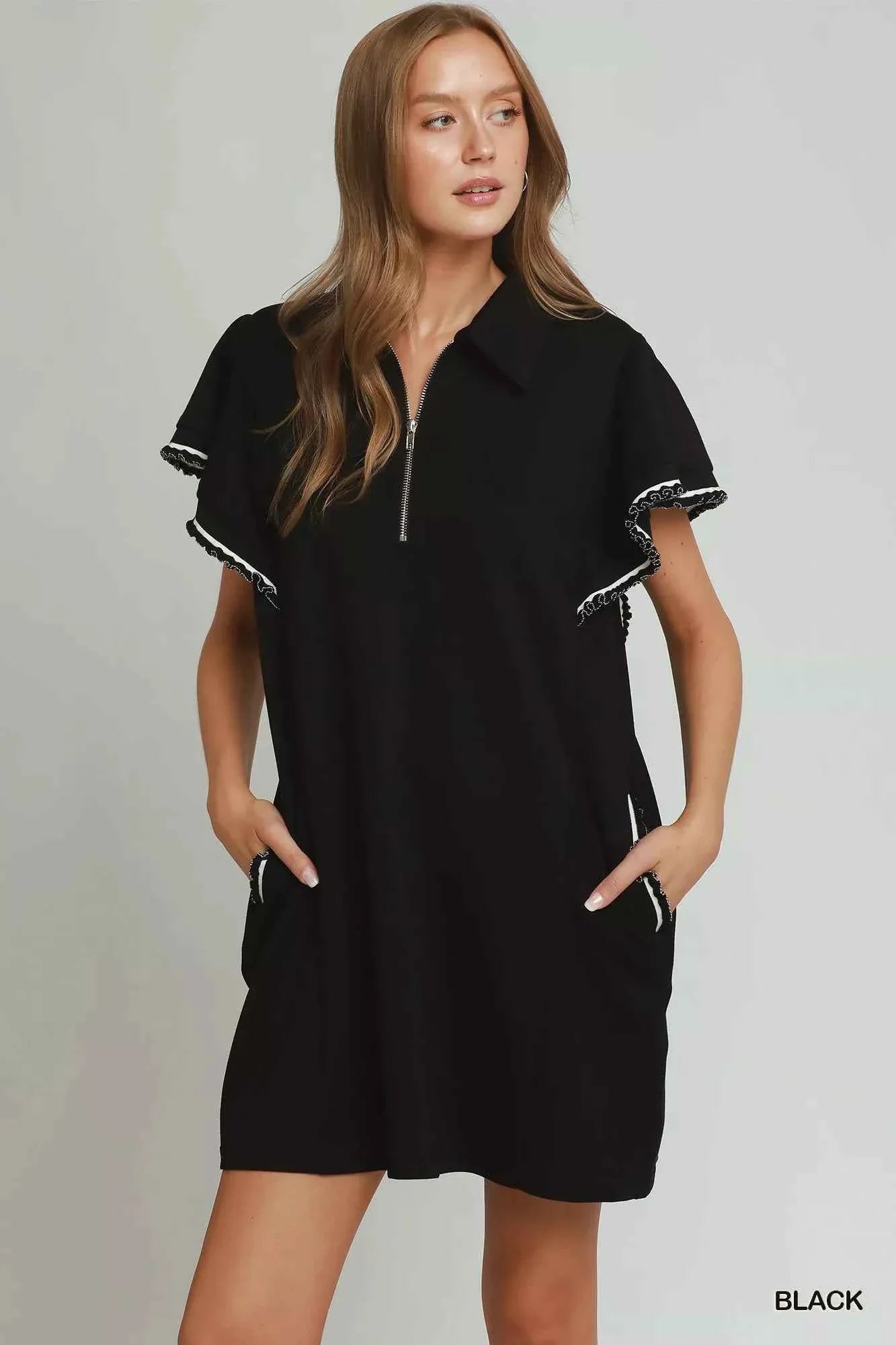 Black LuxeKnit Butterfly Sleeve Half Zip Mini Dress with Pockets by Umgee