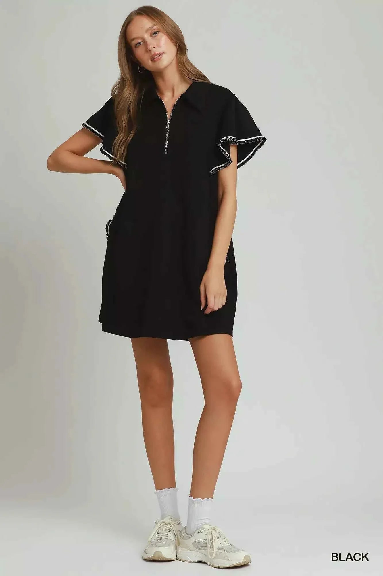 Black LuxeKnit Butterfly Sleeve Half Zip Mini Dress with Pockets by Umgee