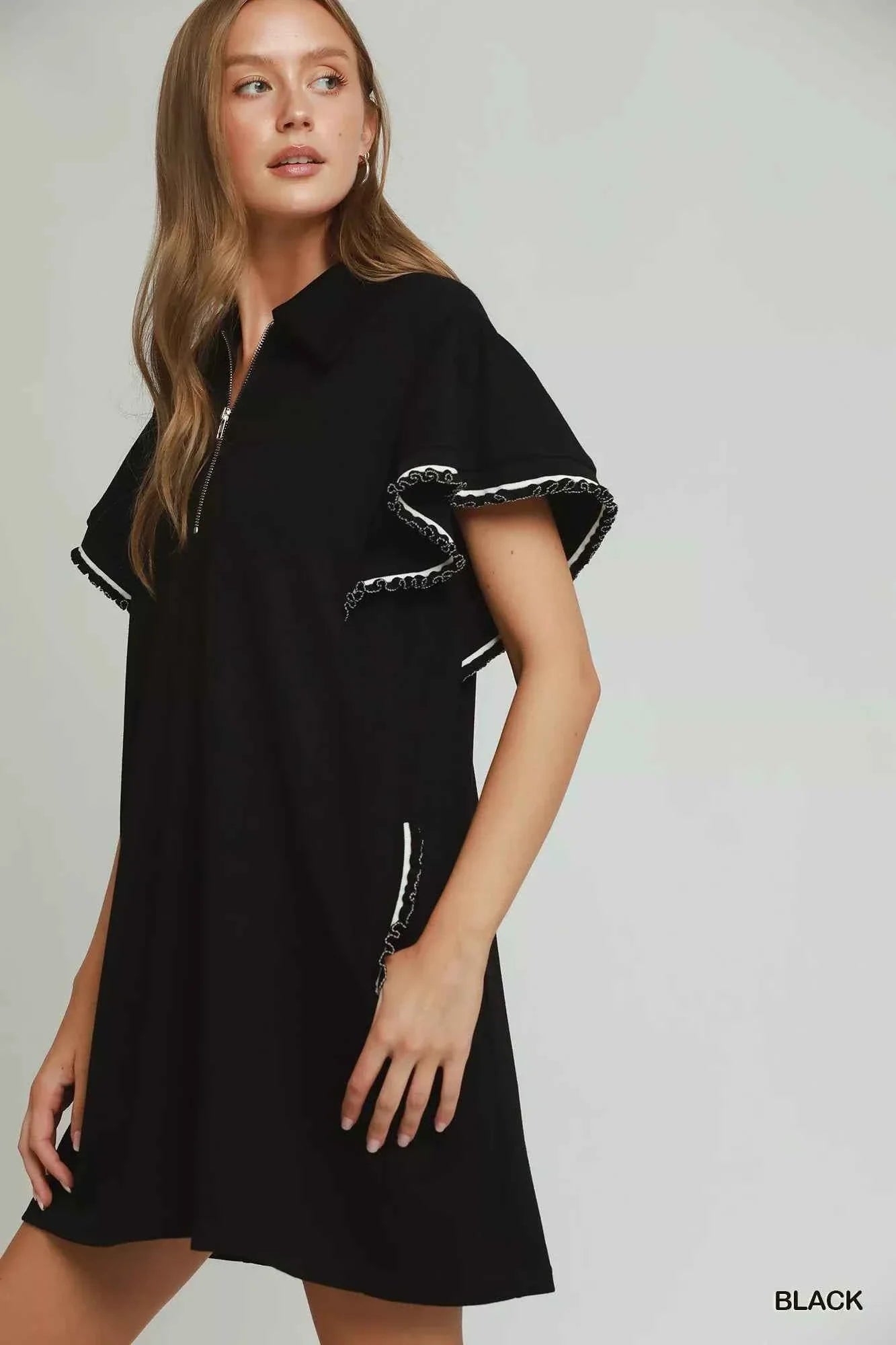 Black LuxeKnit Butterfly Sleeve Half Zip Mini Dress with Pockets by Umgee