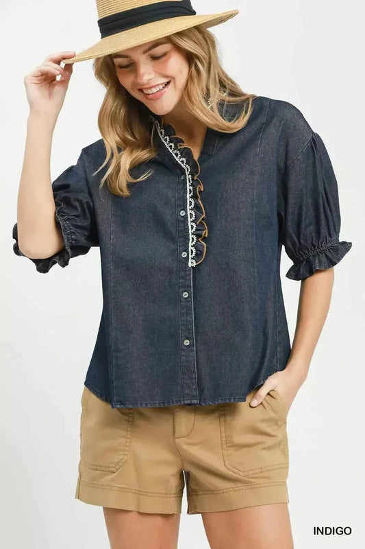 Indigo Chambray Scalloped Trim Button Front Blouse by Umgee