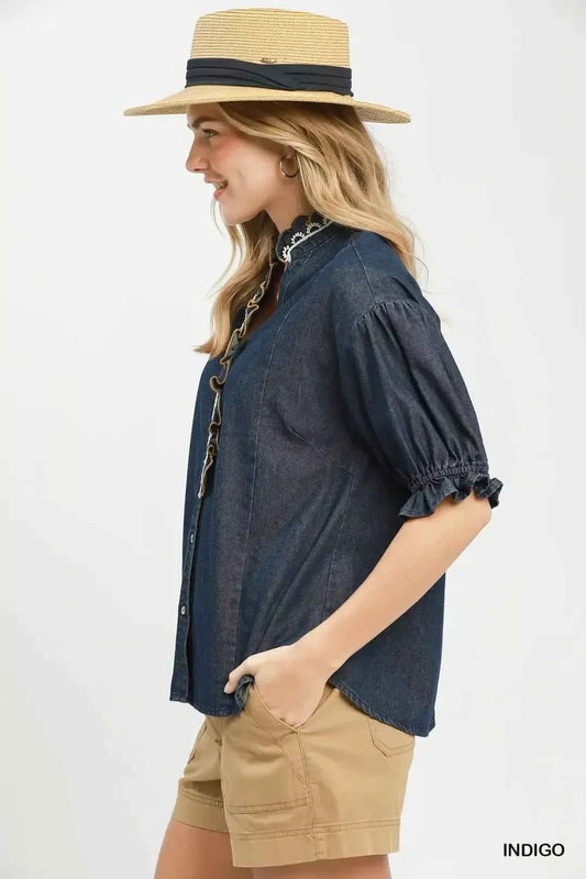 Indigo Chambray Scalloped Trim Button Front Blouse by Umgee