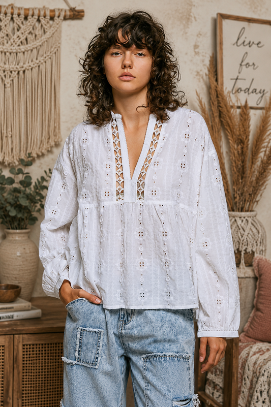 Off White Lace Eyelet Long Sleeve Cotton Blouse by POL