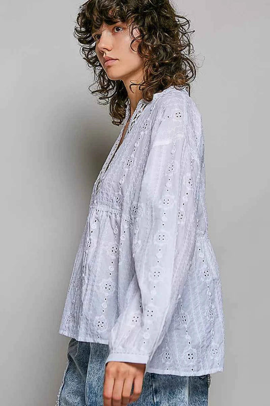 Off White Lace Eyelet Long Sleeve Cotton Blouse by POL