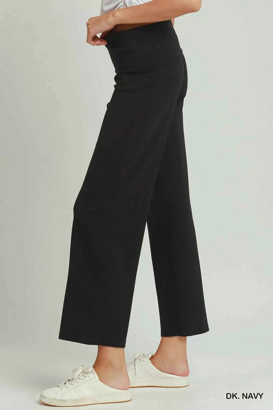Dark Navy Cotton Viscose Folded Waistband Straight Leg Pants by Umgee