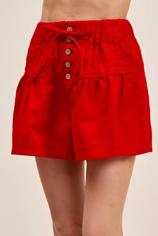 Red High Adjustable Waist Tie Pintucked Button Front Shorts by So Me