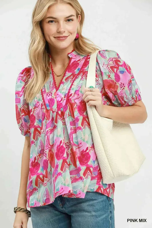 Pink Mix Abstract Print Puff Sleeve Cotton Blouse by Umgee