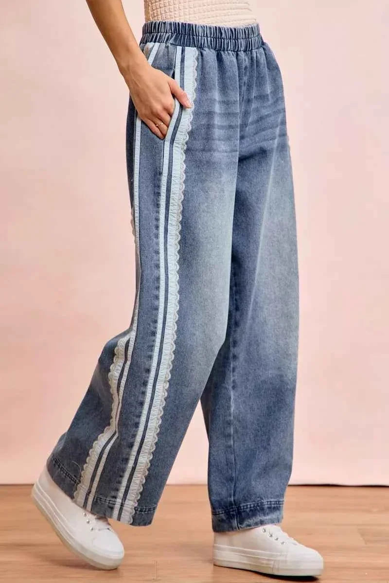 Washed Lace Side Detail Denim Jeans by BiBi