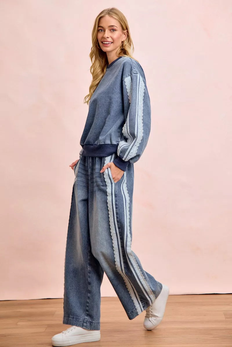 Washed Lace Side Detail Denim Jeans by BiBi