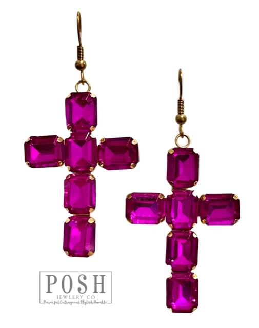 Pink Panache Brands - Fuchsia Rhinestone Cross Earrings