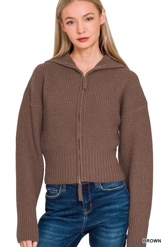 Zenana Ribbed Collared Zip Up Sweater Cardigan
