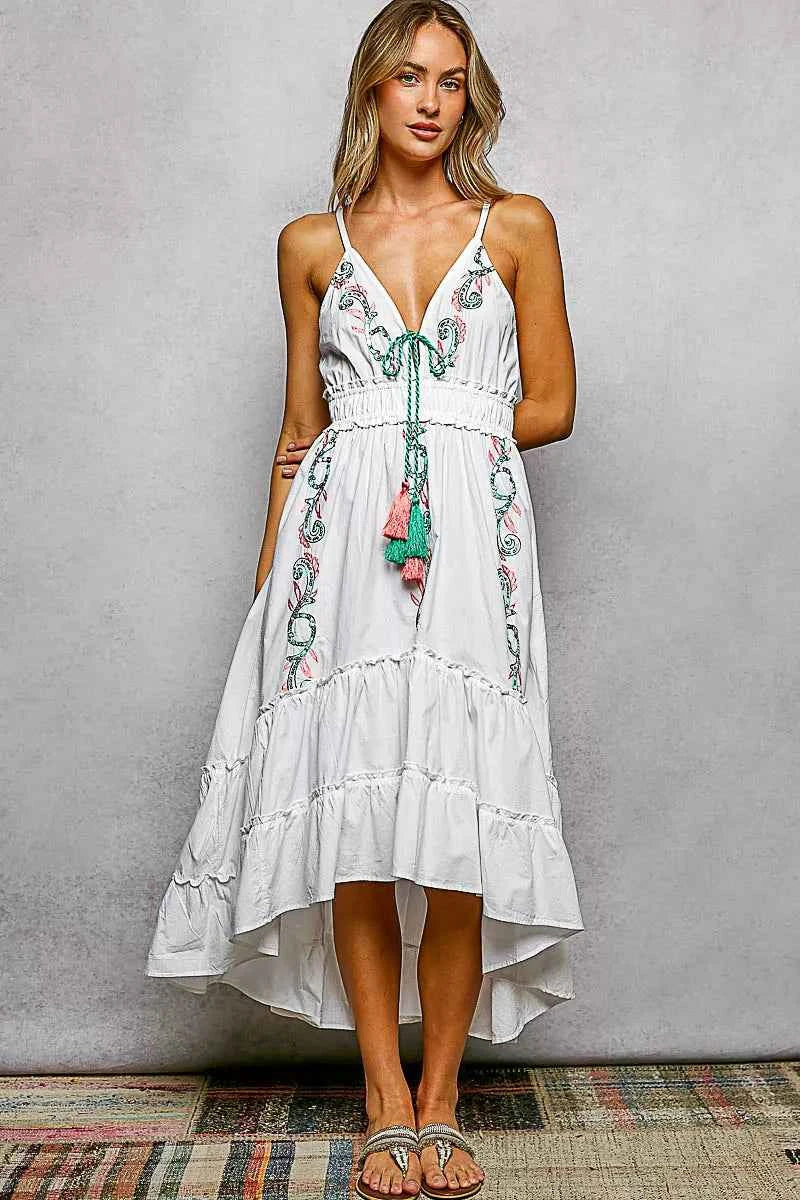 Ivory Embroidered Tassel Tie Smocked Waist Midi Tiered Cami Dress |POL