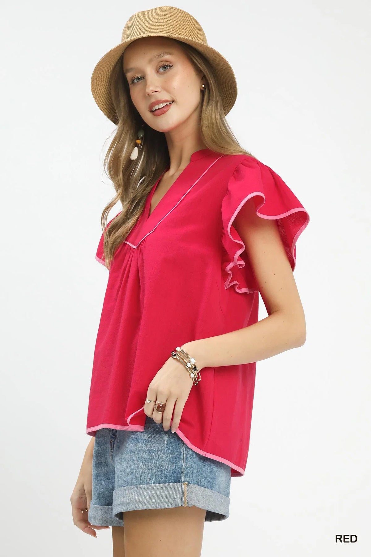 Umgee Contrast Trim Babydoll Blouse