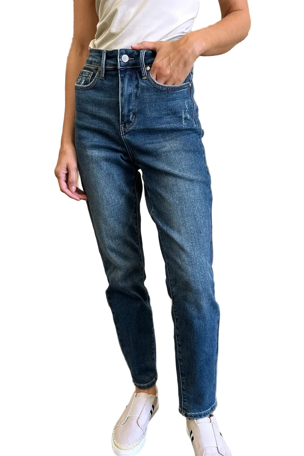 Womens Plus Size High-Waisted Skinny Jeans in Medium Blue Denim with Full Length, Button and Zipper