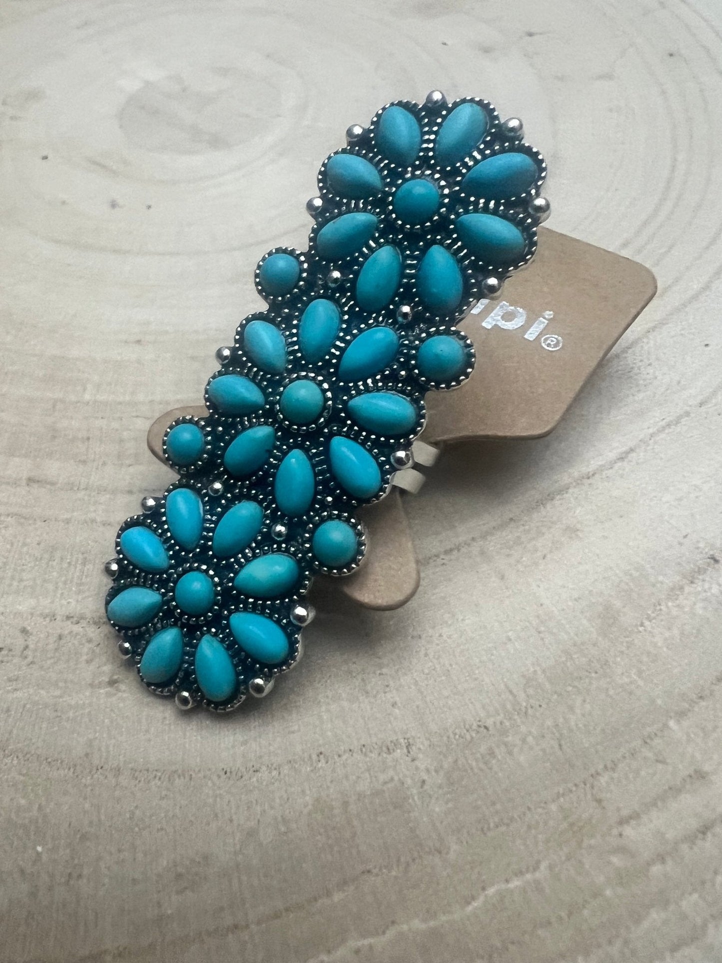 Western Desert Bloom Cluster Adjustable Ring — Faux Turquoise Hand Statement