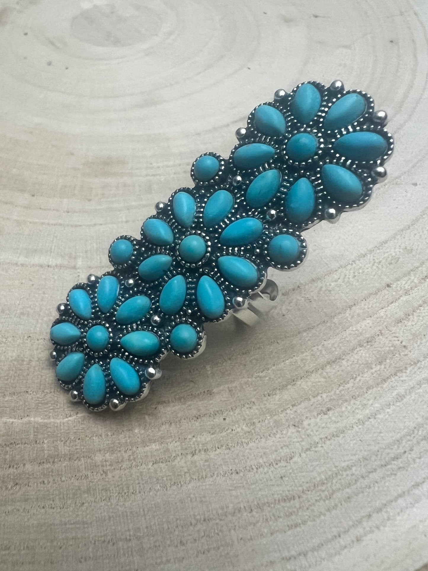 Western Desert Bloom Cluster Adjustable Ring — Faux Turquoise Hand Statement