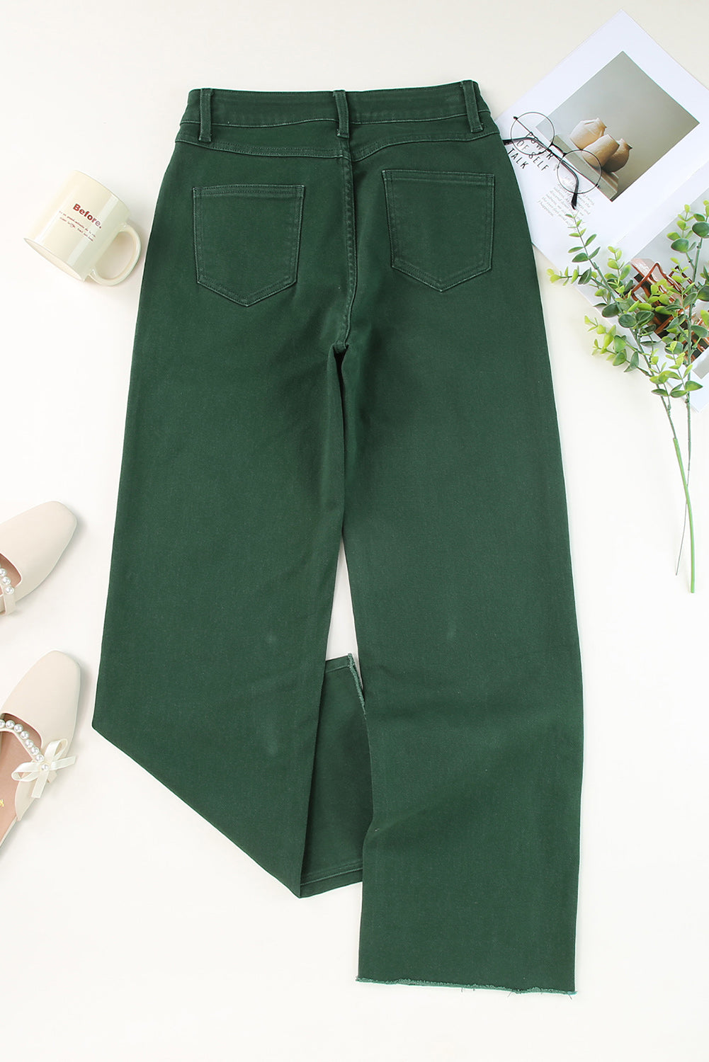 Solid Denim Crossed Waist Raw Hem Jeans