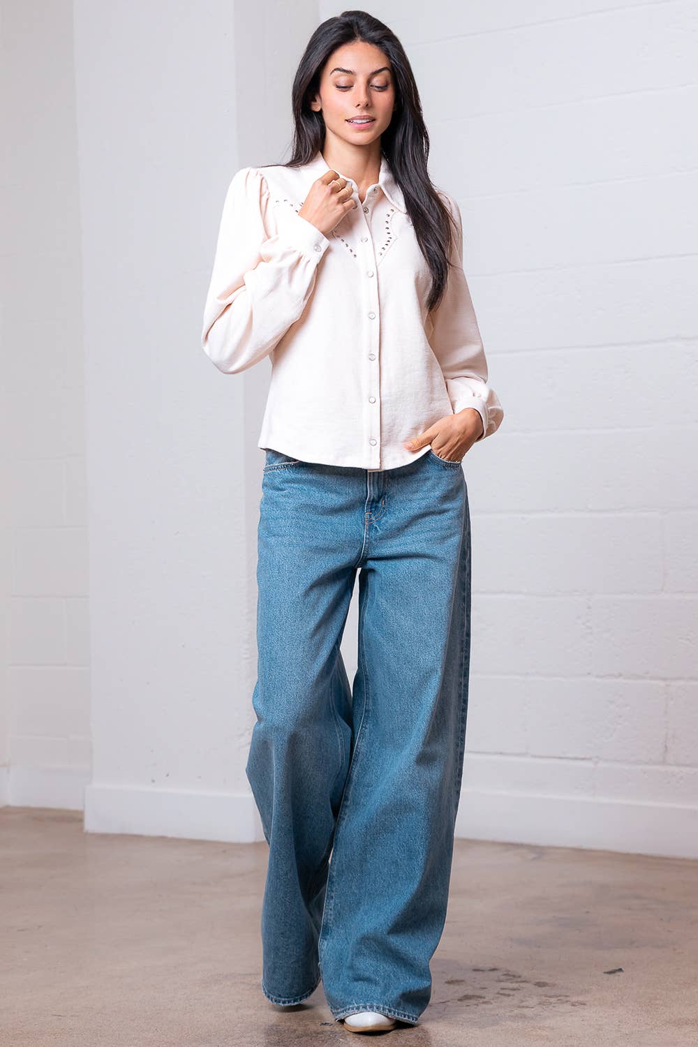 Taelynn "Amarillo" Studded Yoke Western Blouse — Cream Pearl Snap Long Puff Sleeve with Raw Edge Yoke