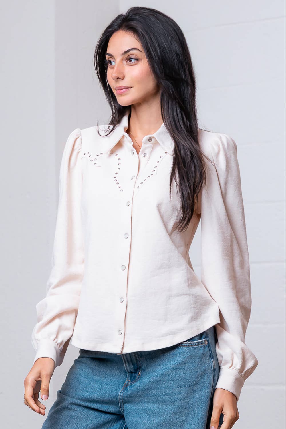 Taelynn "Amarillo" Studded Yoke Western Blouse — Cream Pearl Snap Long Puff Sleeve with Raw Edge Yoke