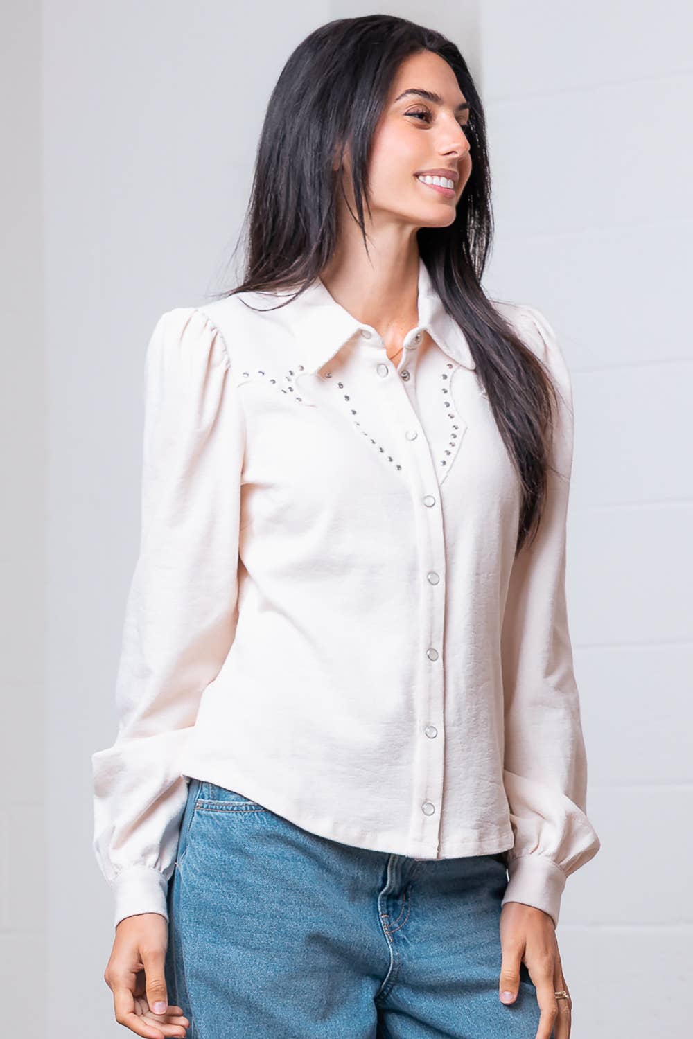 Taelynn "Amarillo" Studded Yoke Western Blouse — Cream Pearl Snap Long Puff Sleeve with Raw Edge Yoke
