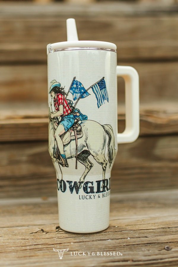 🇺🇸 American Cowgirl Riding Horse 40oz Tumbler (Patriotic Western)